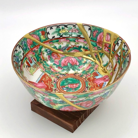 Chinese Famille Rose Bowl Pink Floral Kintsugi Gold Crack Personal Growth Gift - Picture 7 of 11